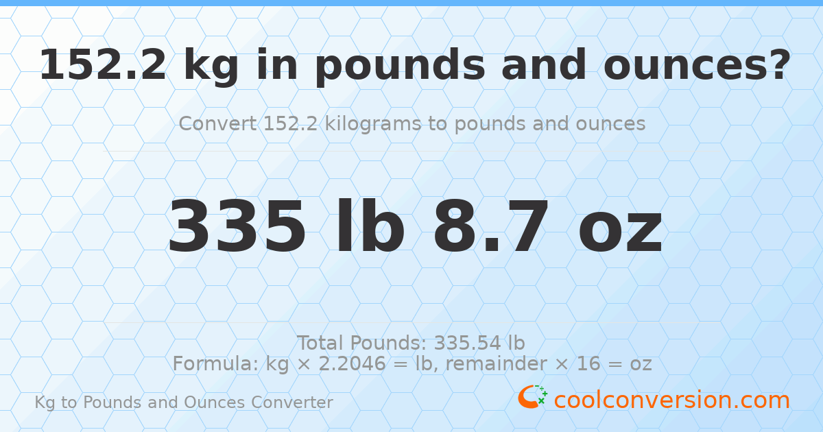 152.2 kg to lbs and oz — 152.2 kg = 335 lb 8.7 oz