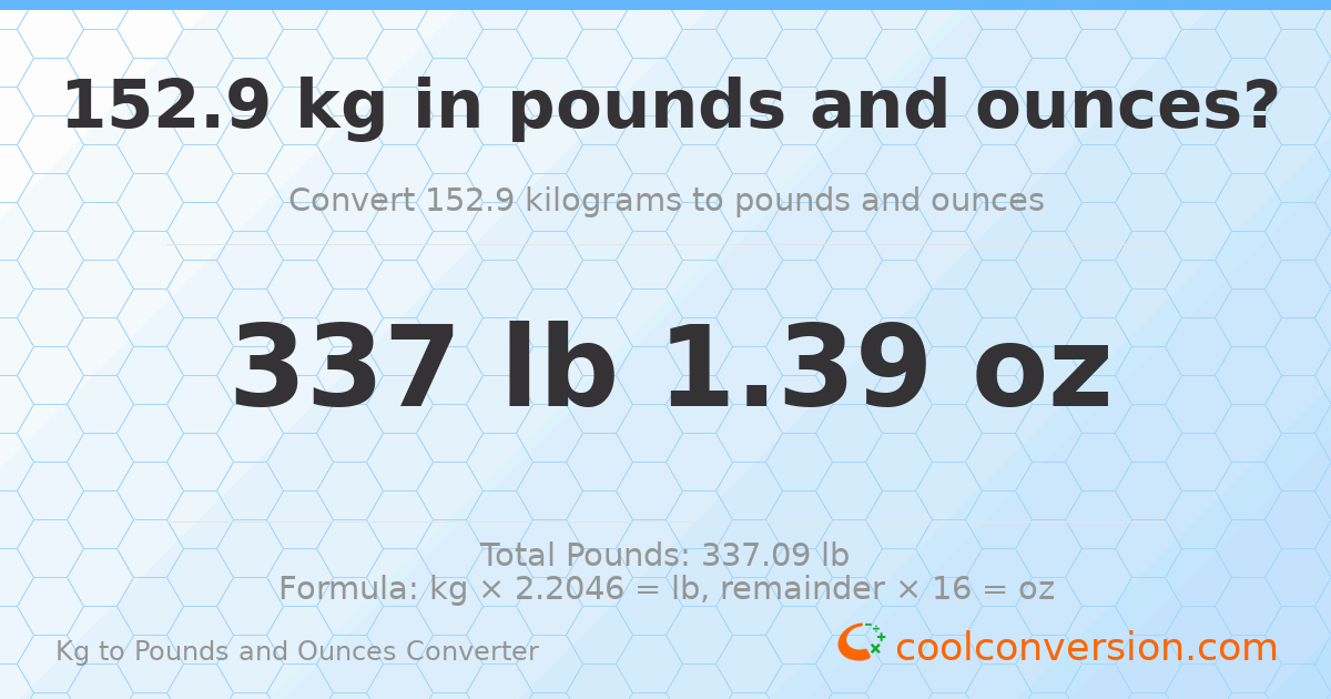 152.9 kg to lbs and oz — 152.9 kg = 337 lb 1.39 oz