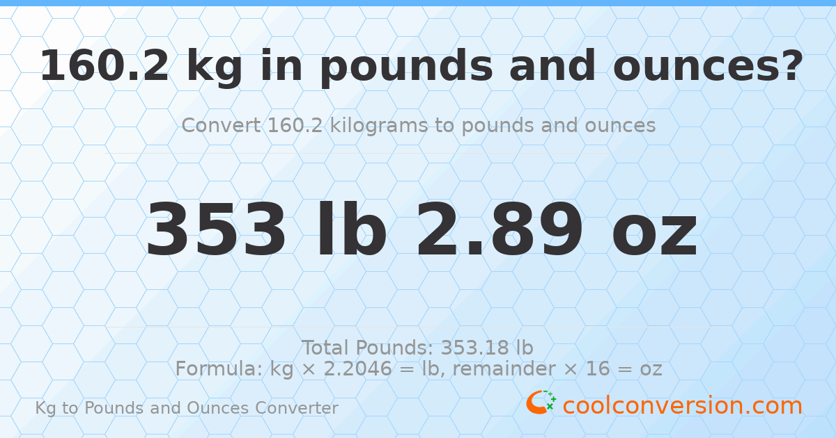 160.2 kg to lbs and oz — 160.2 kg = 353 lb 2.89 oz