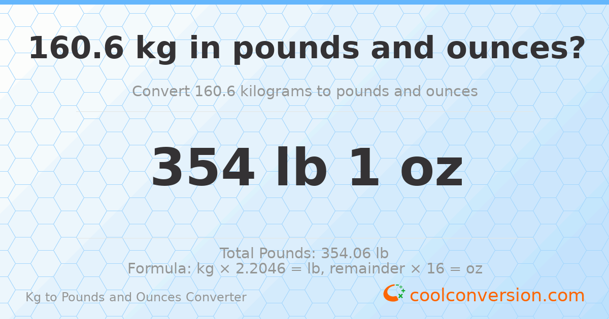 160.6 kg to lbs and oz — 160.6 kg = 354 lb 1 oz