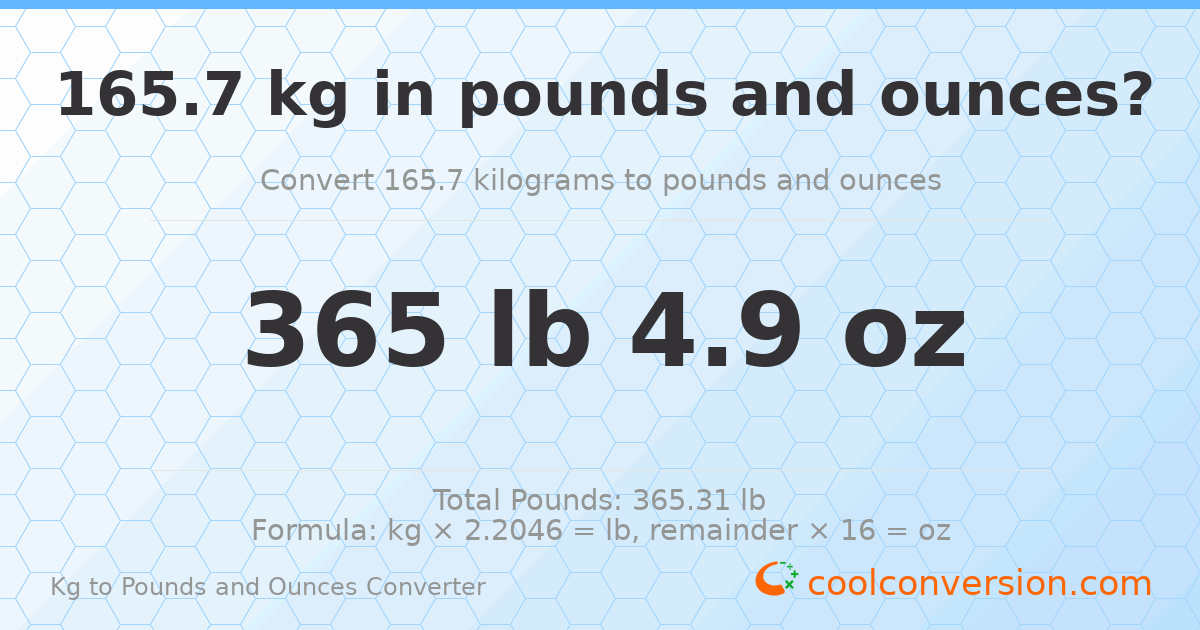 165.7 kg to lbs and oz — 165.7 kg = 365 lb 4.9 oz