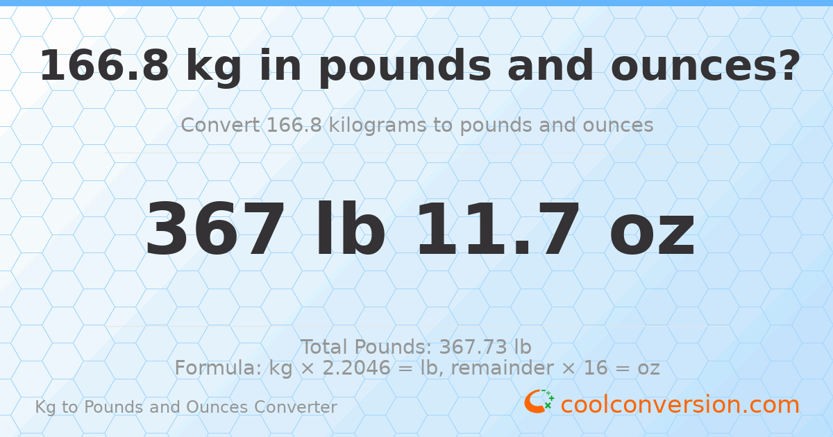 166.8 kg to lbs and oz — 166.8 kg = 367 lb 11.7 oz