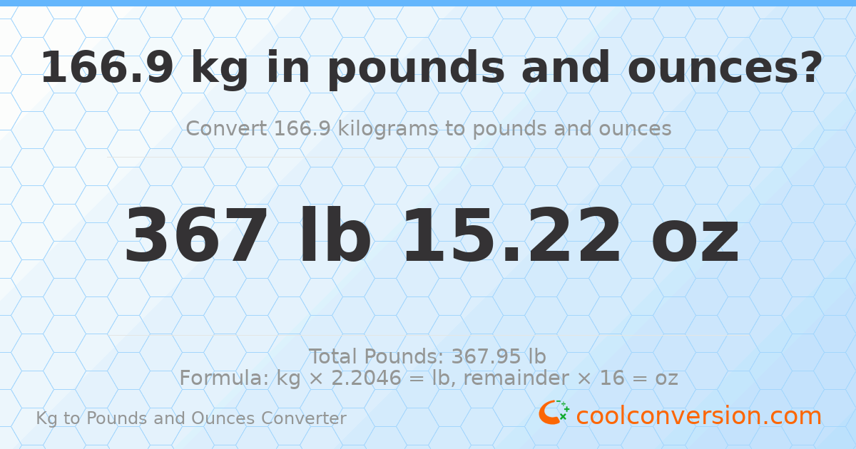 166.9 kg to lbs and oz — 166.9 kg = 367 lb 15.22 oz