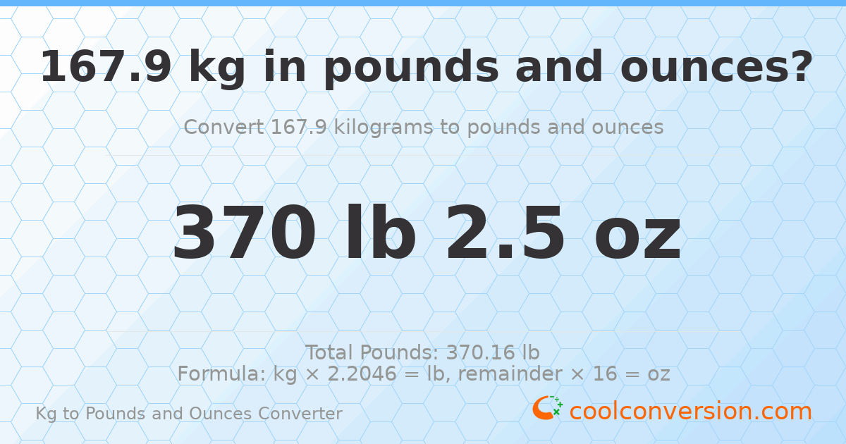 167.9 kg to lbs and oz — 167.9 kg = 370 lb 2.5 oz
