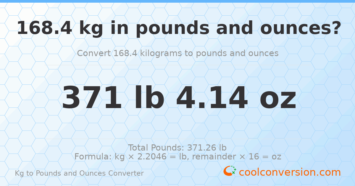 168.4 kg to lbs and oz — 168.4 kg = 371 lb 4.14 oz