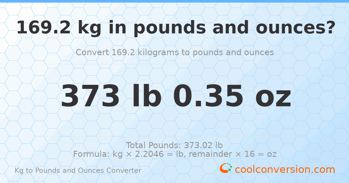 169.2 kg to lbs and oz — 169.2 kg = 373 lb 0.35 oz