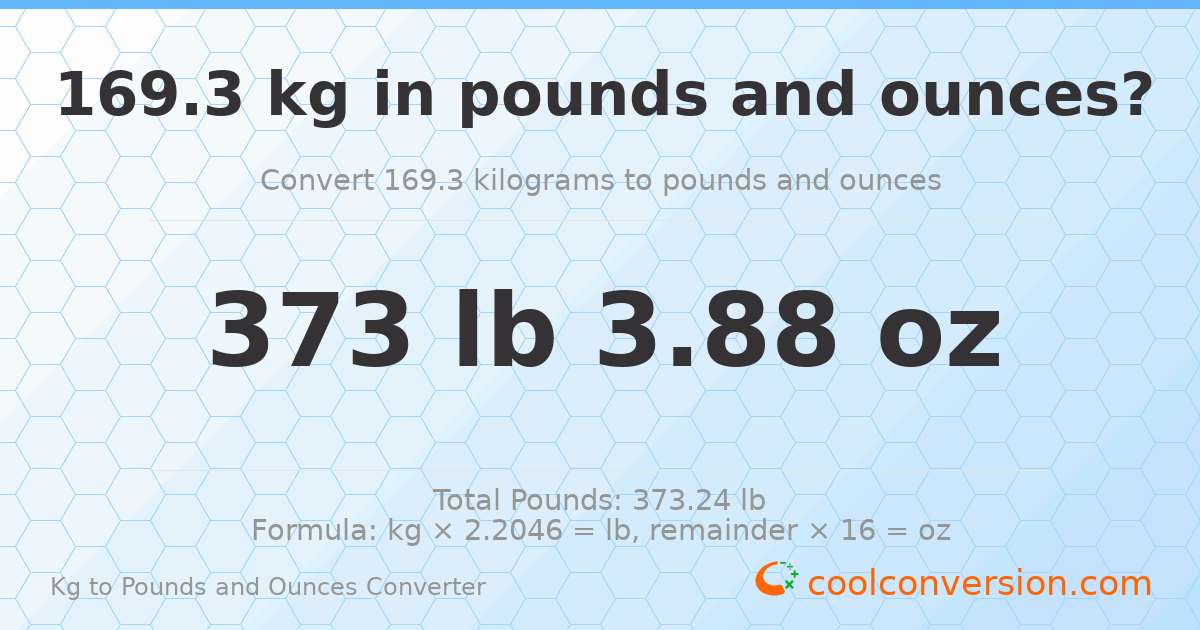 169.3 kg to lbs and oz — 169.3 kg = 373 lb 3.88 oz