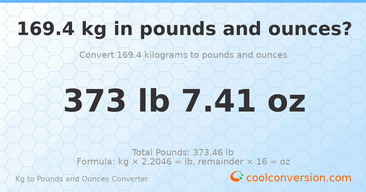 169.4 kg to lbs and oz — 169.4 kg = 373 lb 7.41 oz