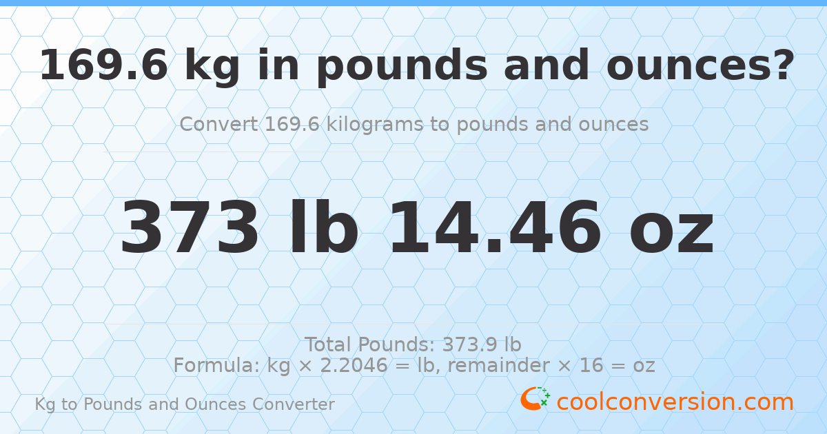 169.6 kg to lbs and oz — 169.6 kg = 373 lb 14.46 oz