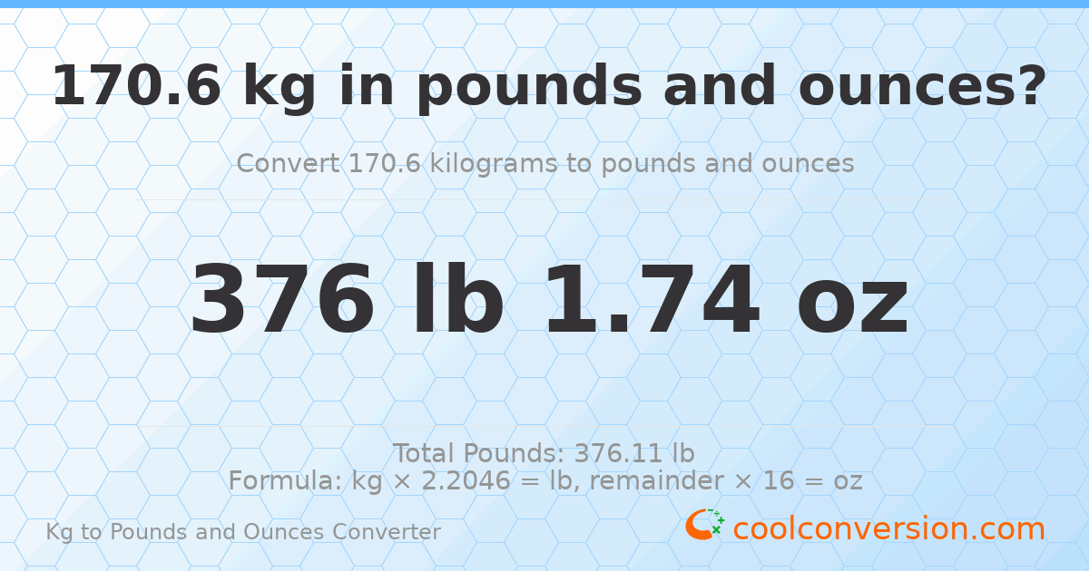 170.6 kg to lbs and oz — 170.6 kg = 376 lb 1.74 oz