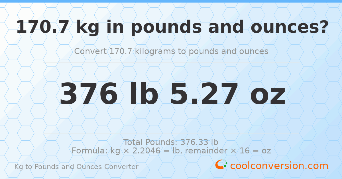 170.7 kg to lbs and oz — 170.7 kg = 376 lb 5.27 oz