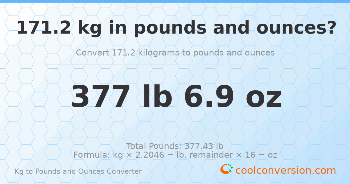 171.2 kg to lbs and oz — 171.2 kg = 377 lb 6.9 oz