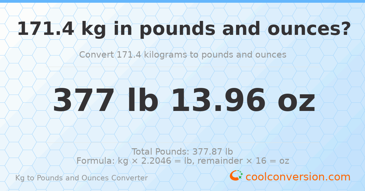 171.4 kg to lbs and oz — 171.4 kg = 377 lb 13.96 oz