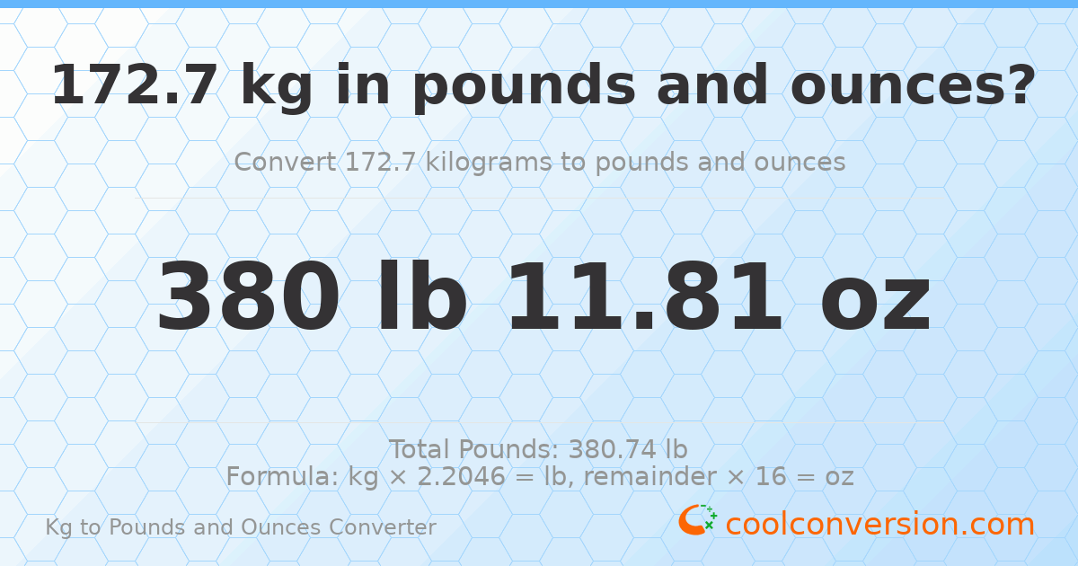 172.7 kg to lbs and oz — 172.7 kg = 380 lb 11.81 oz