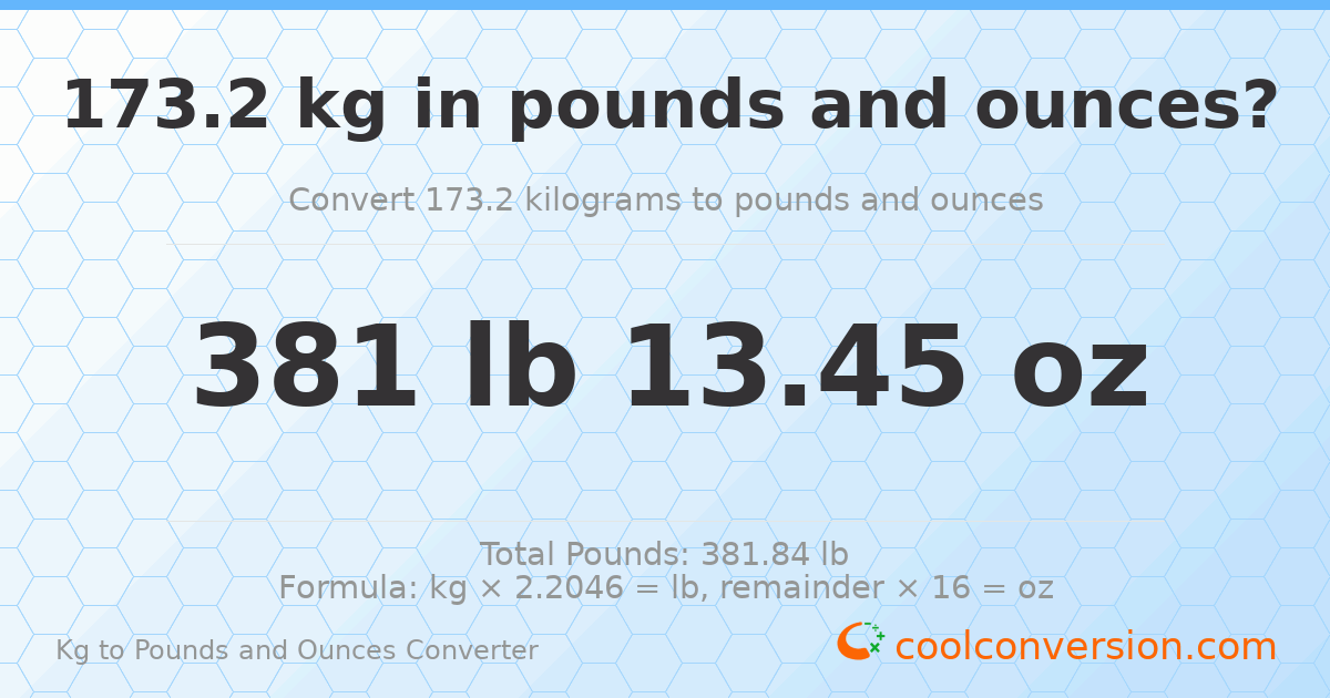 173.2 kg to lbs and oz — 173.2 kg = 381 lb 13.45 oz