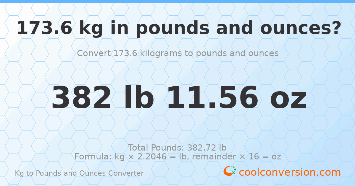 173.6 kg to lbs and oz — 173.6 kg = 382 lb 11.56 oz