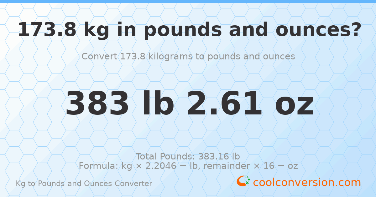 173.8 kg to lbs and oz — 173.8 kg = 383 lb 2.61 oz