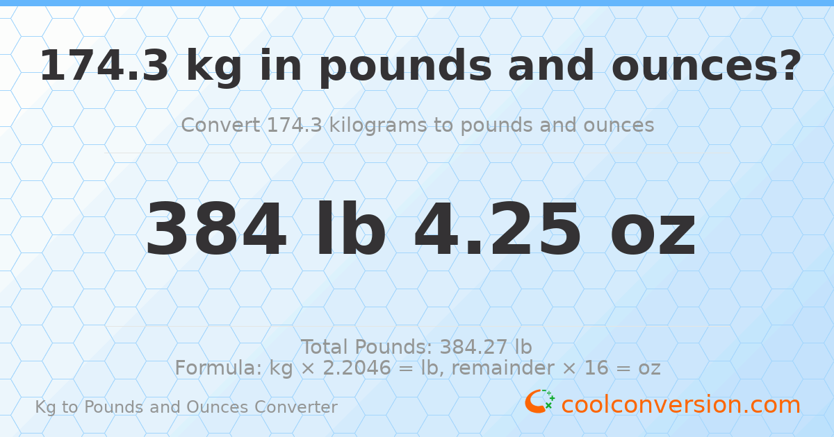 174.3 kg to lbs and oz — 174.3 kg = 384 lb 4.25 oz