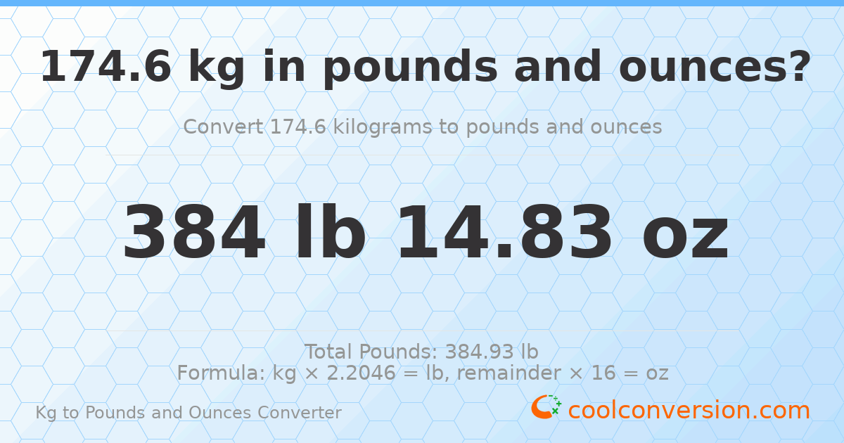 174.6 kg to lbs and oz — 174.6 kg = 384 lb 14.83 oz