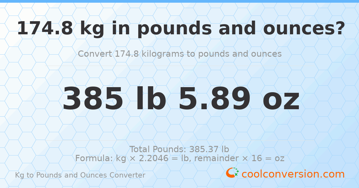 174.8 kg to lbs and oz — 174.8 kg = 385 lb 5.89 oz