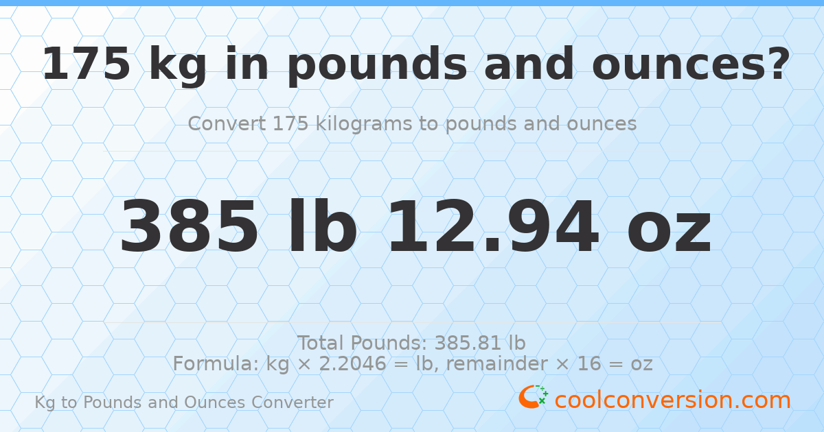 175 kg to lbs and oz — 175 kg = 385 lb 12.94 oz
