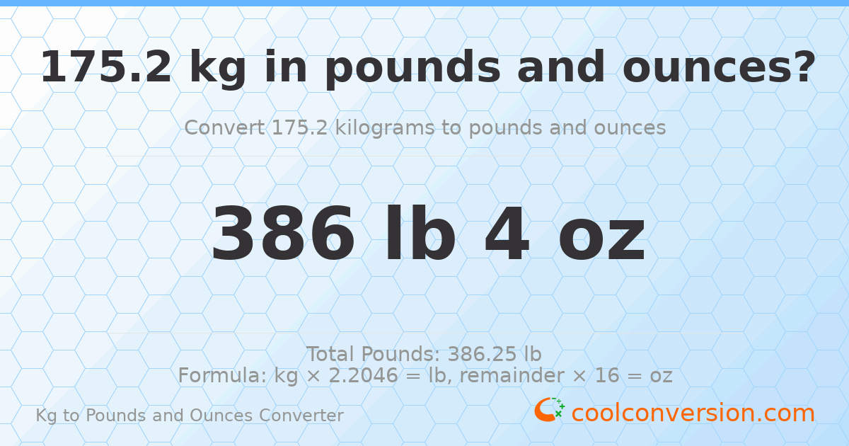 175.2 kg to lbs and oz — 175.2 kg = 386 lb 4 oz