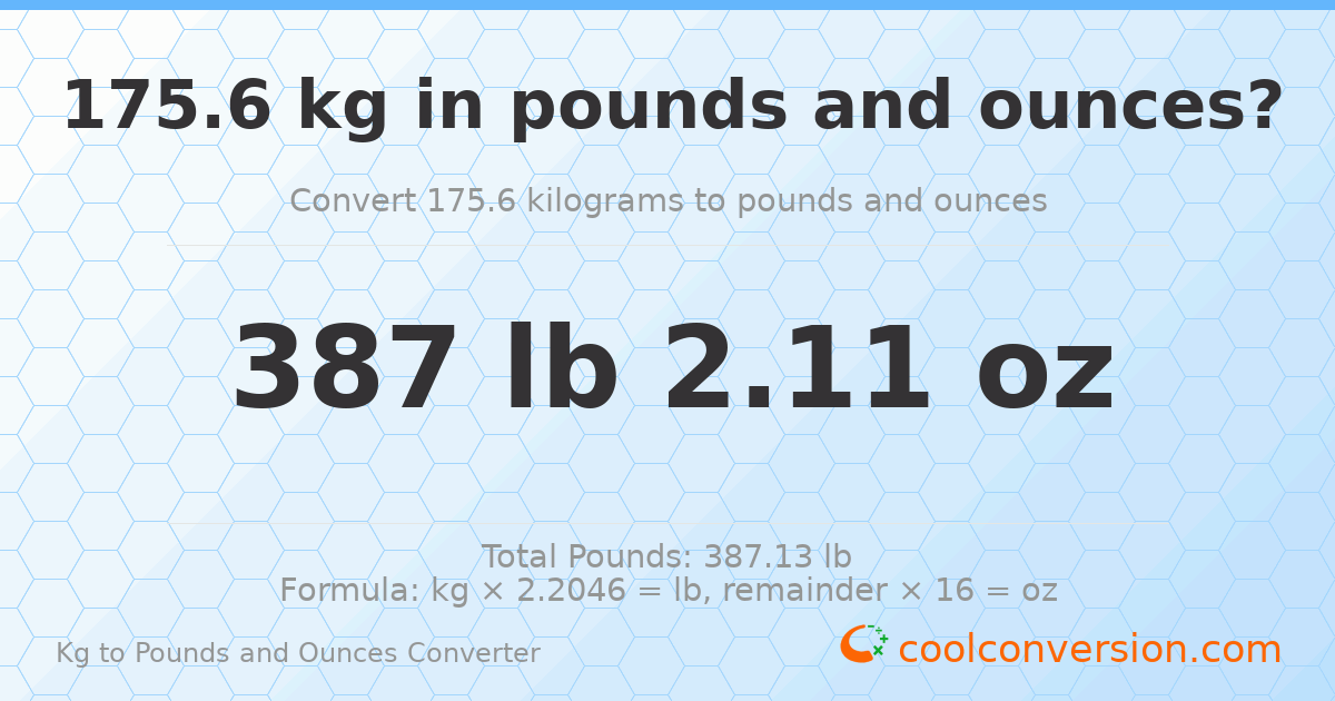 175.6 kg to lbs and oz — 175.6 kg = 387 lb 2.11 oz