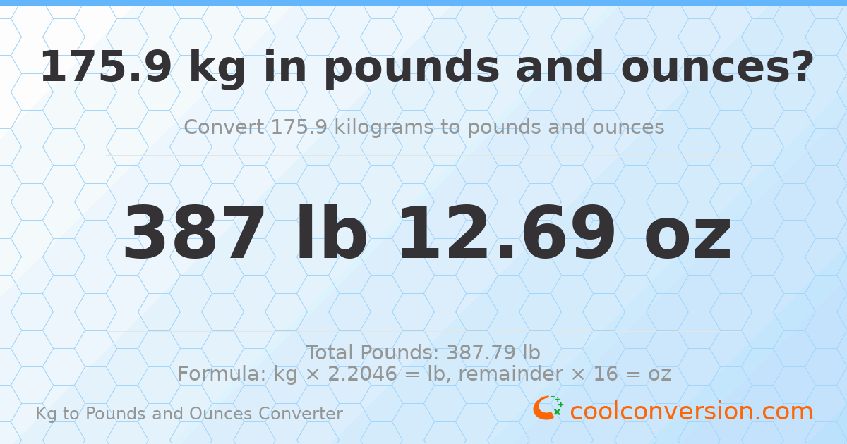 175.9 kg to lbs and oz — 175.9 kg = 387 lb 12.69 oz