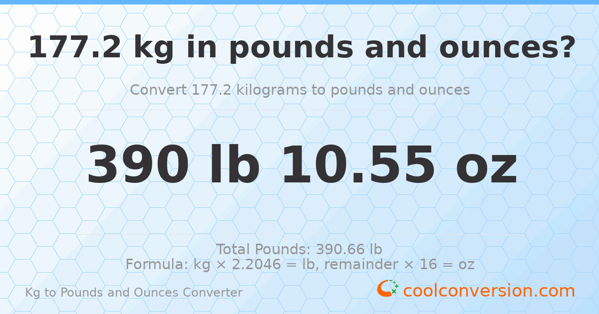 177.2 kg to lbs and oz — 177.2 kg = 390 lb 10.55 oz