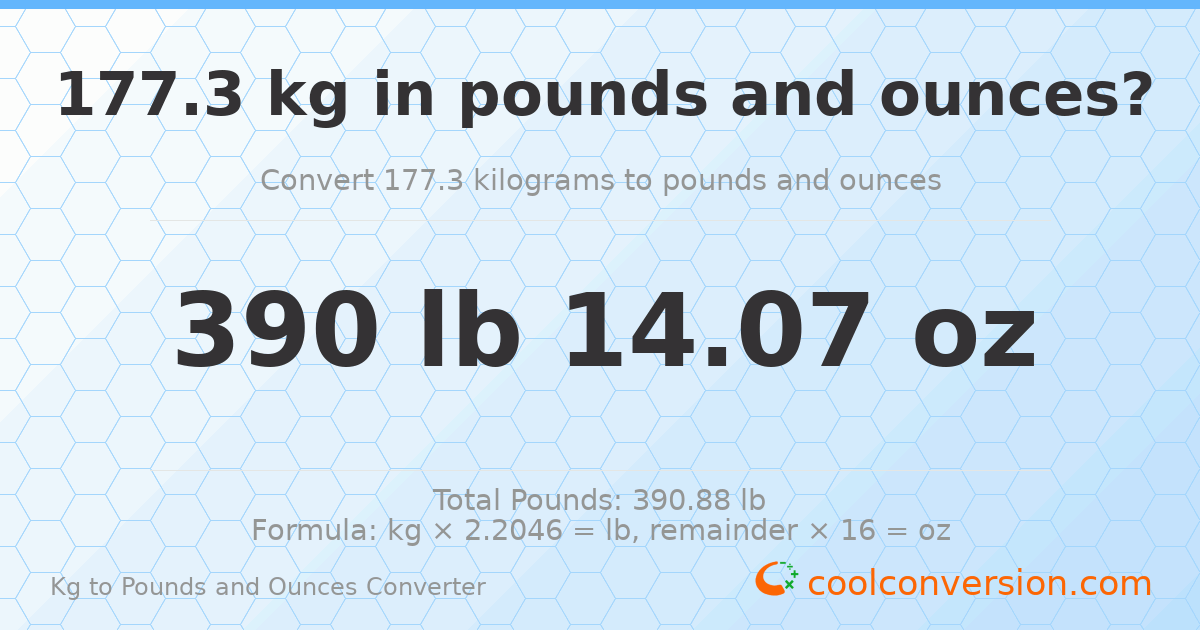 177.3 kg to lbs and oz — 177.3 kg = 390 lb 14.07 oz