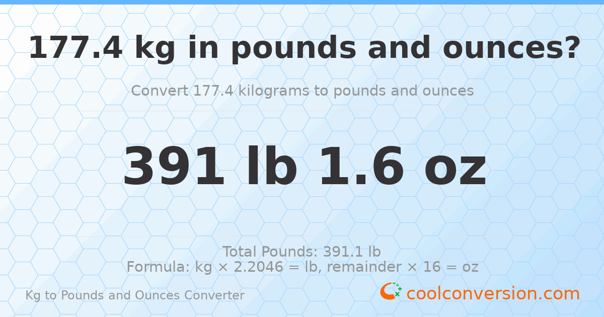 177.4 kg to lbs and oz — 177.4 kg = 391 lb 1.6 oz