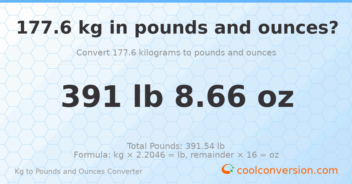177.6 kg to lbs and oz — 177.6 kg = 391 lb 8.66 oz