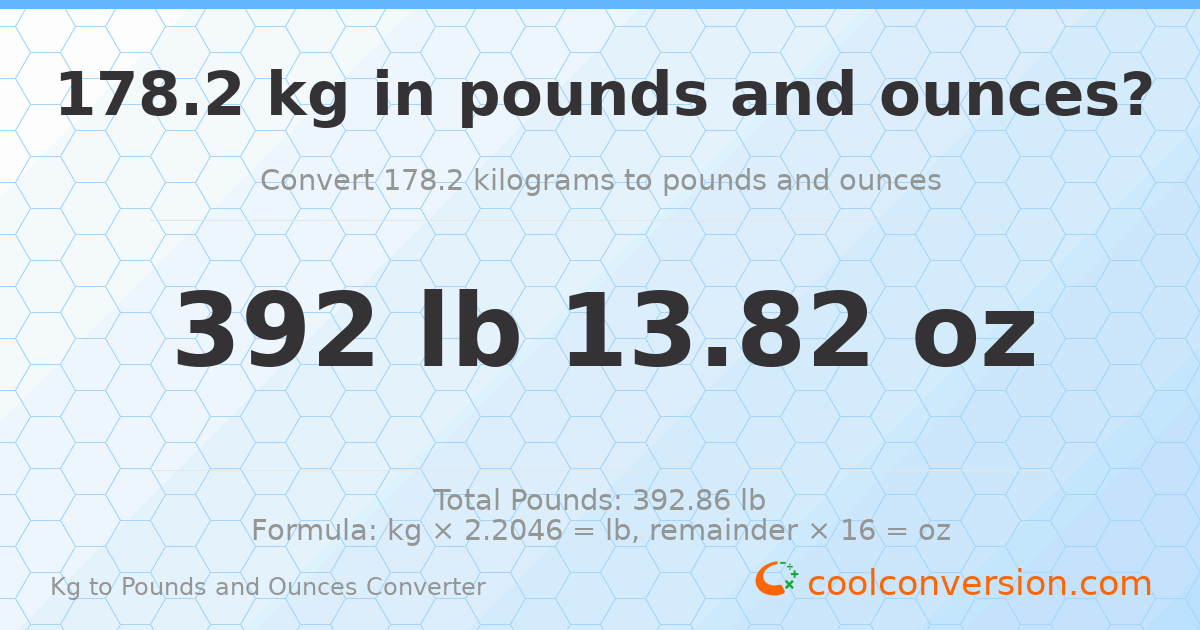 178.2 kg to lbs and oz — 178.2 kg = 392 lb 13.82 oz