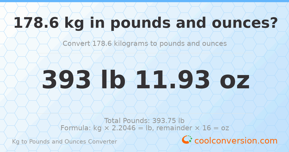 178.6 kg to lbs and oz — 178.6 kg = 393 lb 11.93 oz