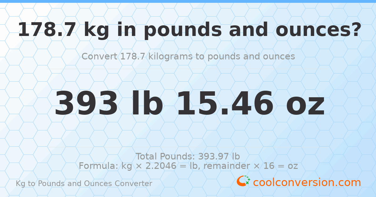 178.7 kg to lbs and oz — 178.7 kg = 393 lb 15.46 oz