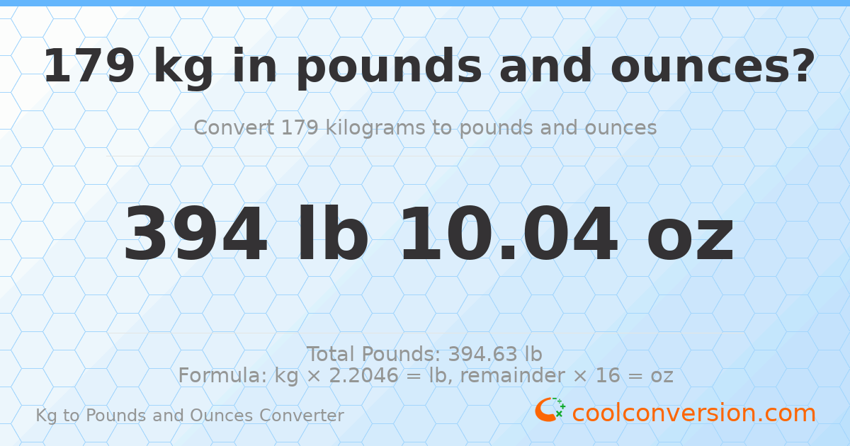 179 kg to lbs and oz — 179 kg = 394 lb 10.04 oz