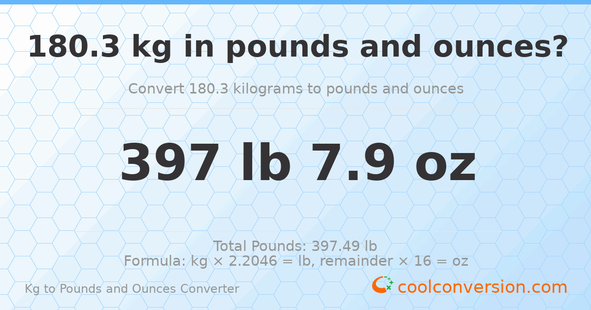 180.3 kg to lbs and oz — 180.3 kg = 397 lb 7.9 oz