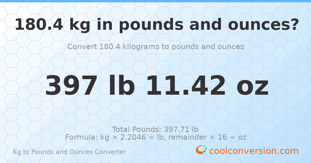 180.4 kg to lbs and oz — 180.4 kg = 397 lb 11.42 oz