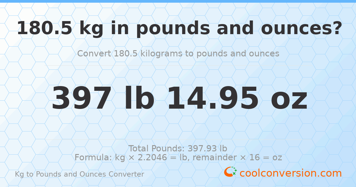 180.5 kg to lbs and oz — 180.5 kg = 397 lb 14.95 oz