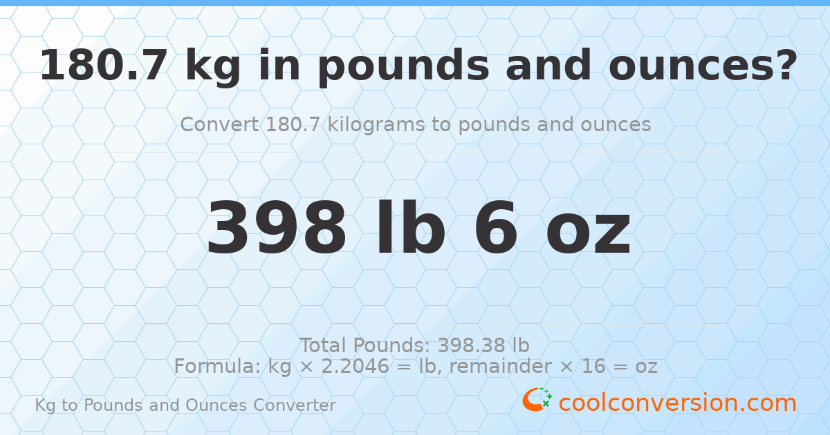 180.7 kg to lbs and oz — 180.7 kg = 398 lb 6 oz
