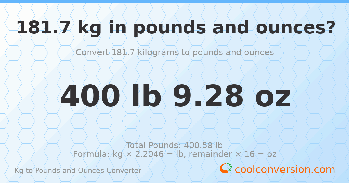 181.7 kg to lbs and oz — 181.7 kg = 400 lb 9.28 oz