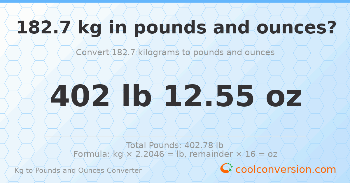182.7 kg to lbs and oz — 182.7 kg = 402 lb 12.55 oz