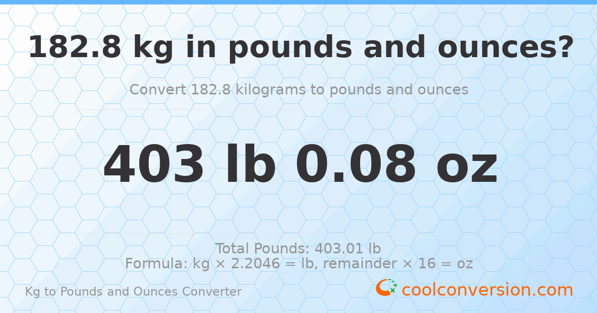 182.8 kg to lbs and oz — 182.8 kg = 403 lb 0.08 oz