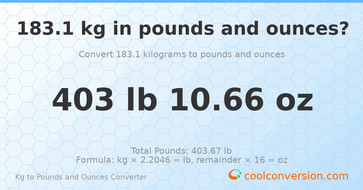 183.1 kg to lbs and oz — 183.1 kg = 403 lb 10.66 oz