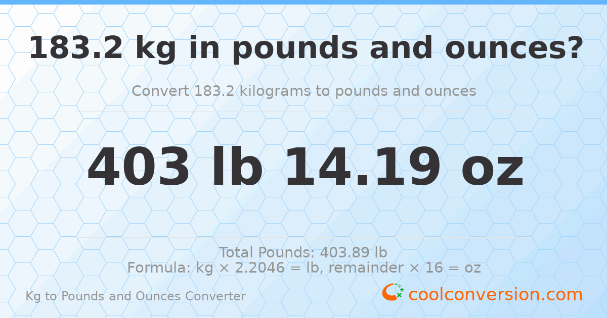 183.2 kg to lbs and oz — 183.2 kg = 403 lb 14.19 oz