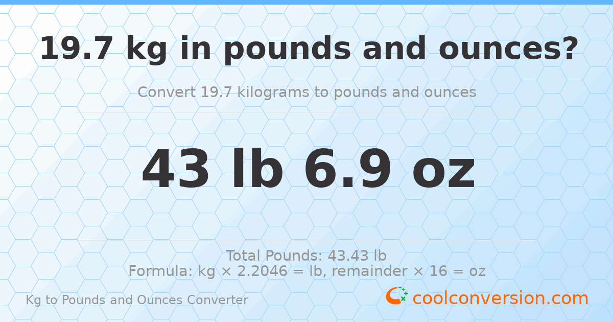 19.7 kg to lbs and oz — 19.7 kg = 43 lb 6.9 oz