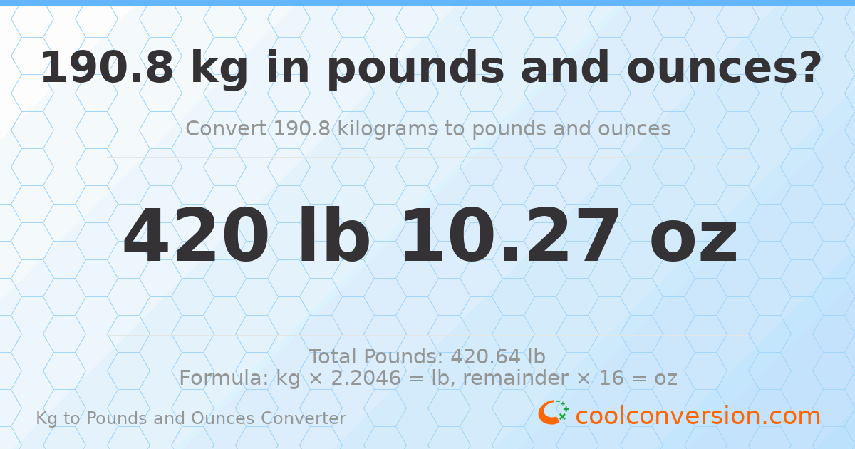 190.8 kg to lbs and oz — 190.8 kg = 420 lb 10.27 oz