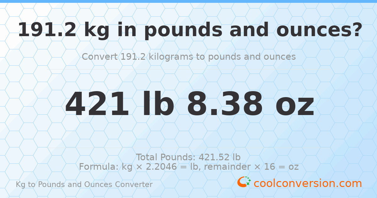 191.2 kg to lbs and oz — 191.2 kg = 421 lb 8.38 oz