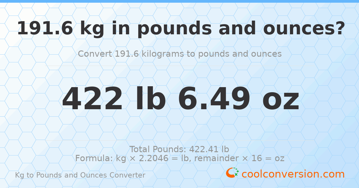 191.6 kg to lbs and oz — 191.6 kg = 422 lb 6.49 oz