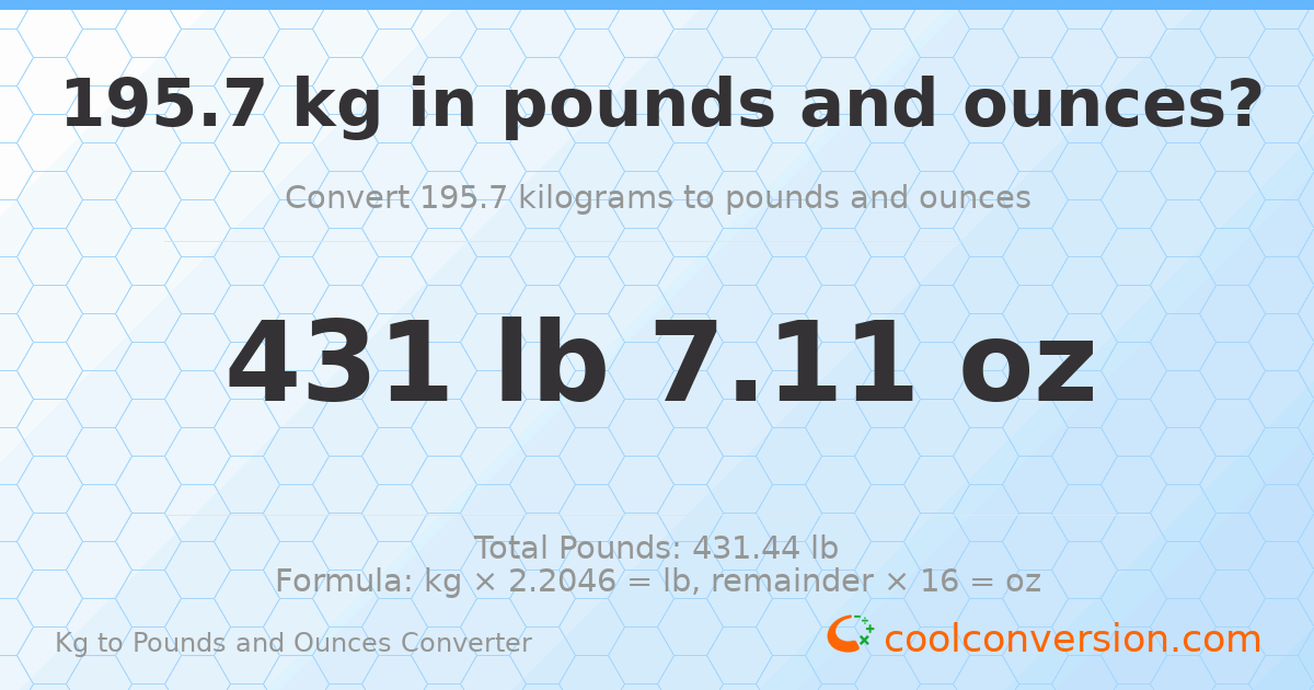 195.7 kg to lbs and oz — 195.7 kg = 431 lb 7.11 oz